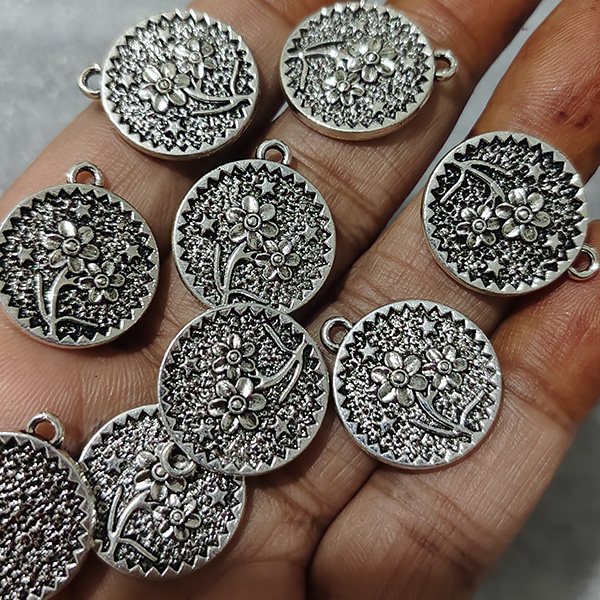 Silver Oxidised Floral Round Charms